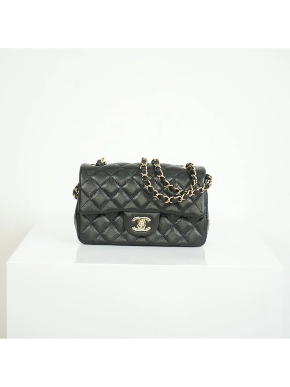Chanel Mini Classic Black Lambskin W/Champagne Gold Flap Bag Full Set